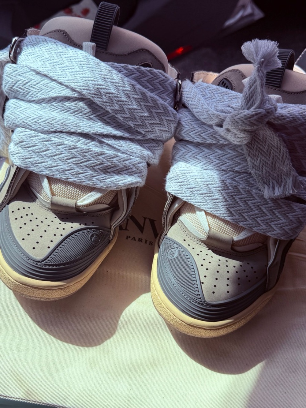 Lanvin Women's Gray and Cream High-Top Sneakers with Wrapped Knit Straps